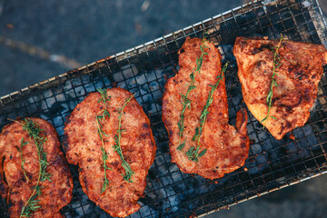 A vibrant outdoor barbecue scene with people grilling shashlik and marinated vegetables over an open fire. Juicy skewered meat and colorful vegetables sizzle on the mangal, surrounded by friends enjoy