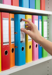 A hand selecting a blue file folder among a row of organized colored binders