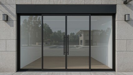 Storefront featuring black sliding glass panels highlighted in a 3D graphic promoting advanced building methods.
