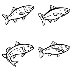 Four stylized fish illustrations in black and white with varying poses and fin configurations displayed