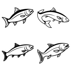 Four stylized black and white illustrations of fish swimming in different directions and poses on white background