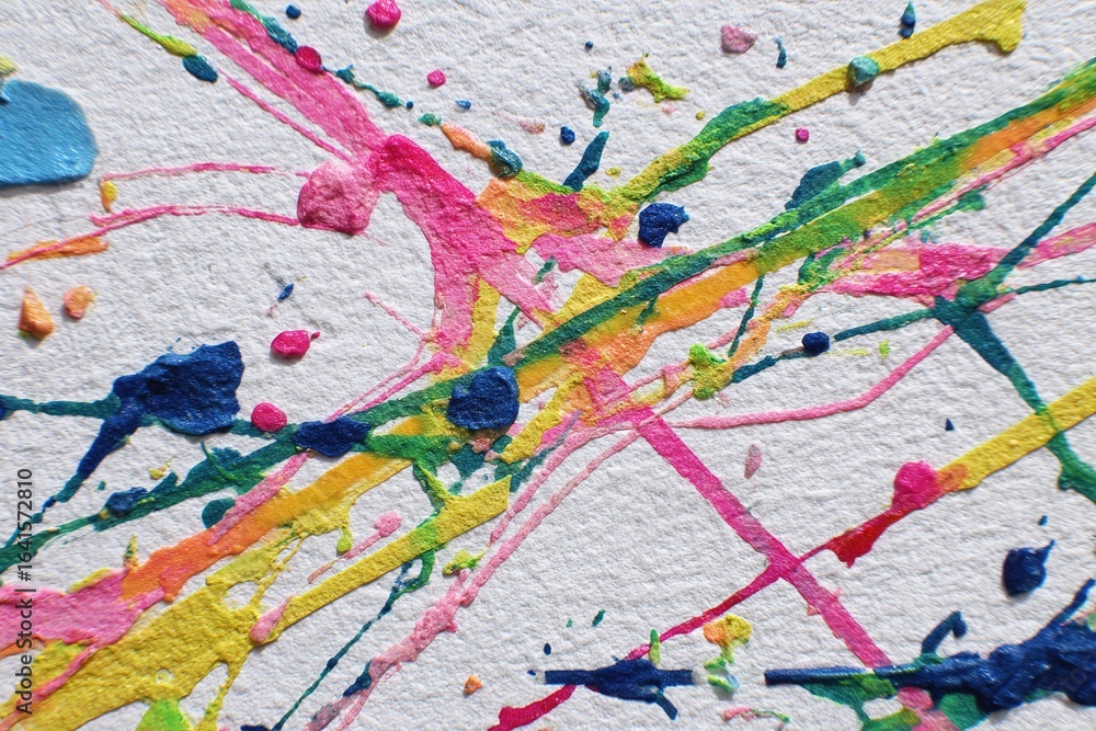 Poster colorful splashes of paint create an abstract art piece on textured paper with vibrant hues and dyna