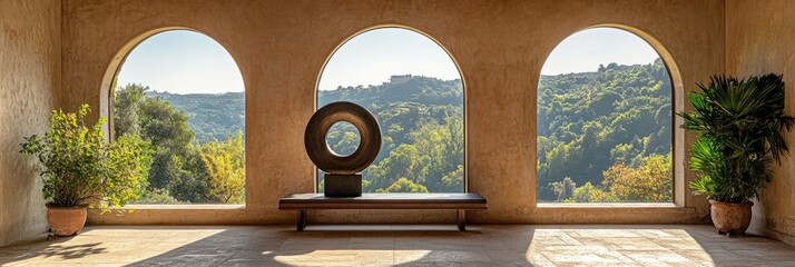 Serene sculpture overlooks a sunlit hillside vista through arched windows.