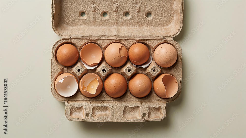 Poster cracked eggshells resting inside a paper egg carton viewed from above with empty space around.