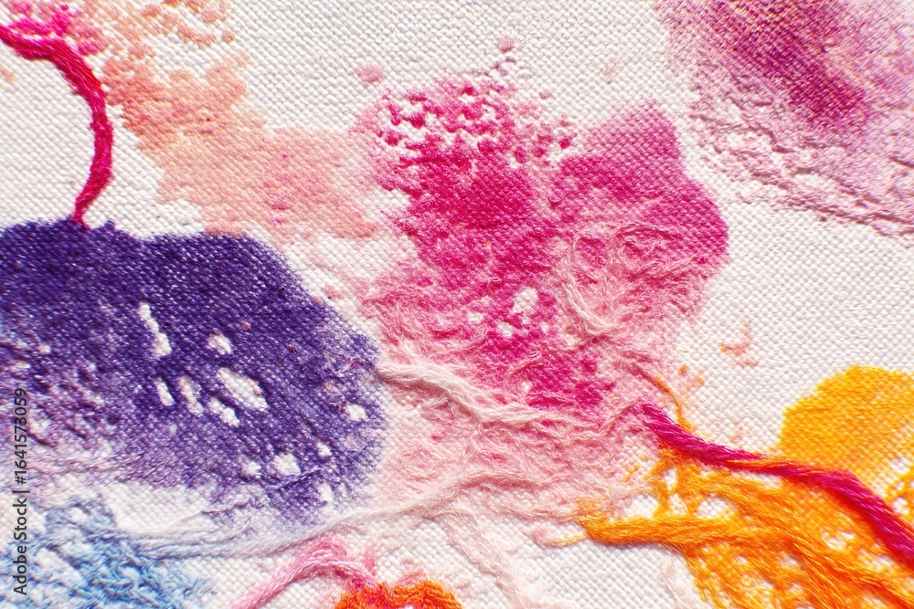 Poster vivid textile art featuring bright colors and intricate textures created with thread and fabric tech