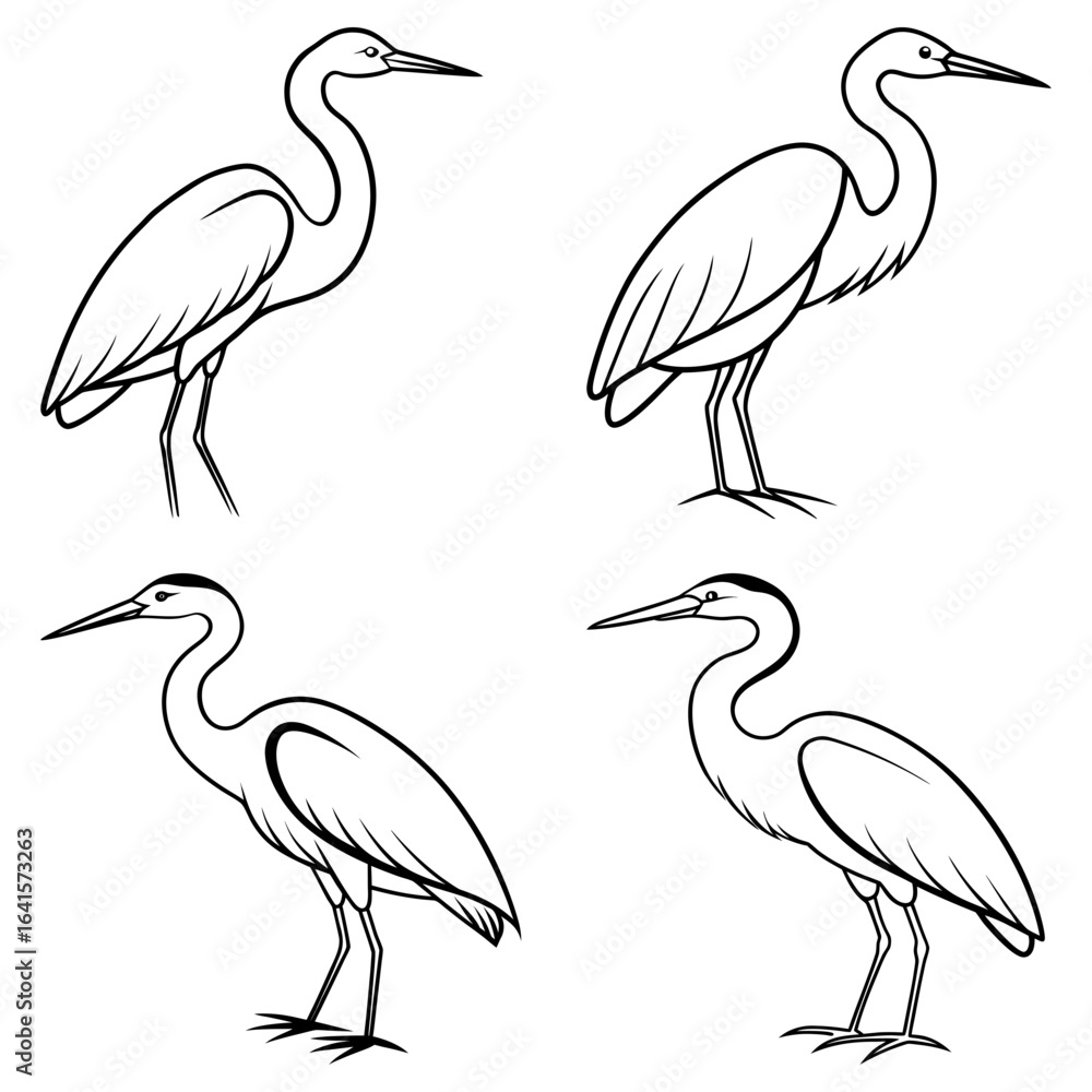 Poster four outlined heron birds standing in different poses with long necks and pointed beaks shown in a g