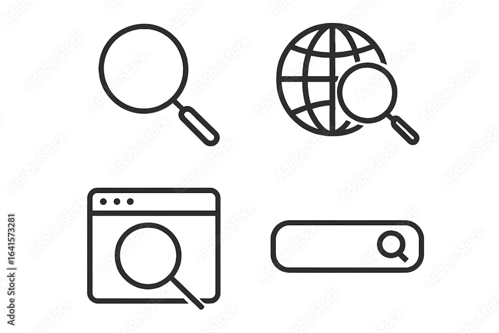 Aufkleber linear outline search icons set. magnifying glass, web search, internet exploration, browser, search