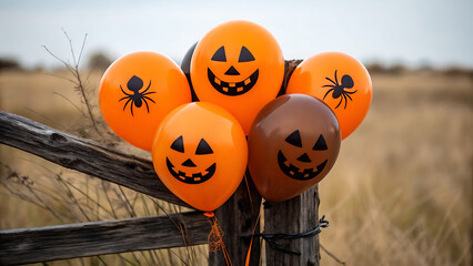 Five festive halloween balloons featuring carved jack o lantern faces and spiders attached to a rustic wooden fence outdoors