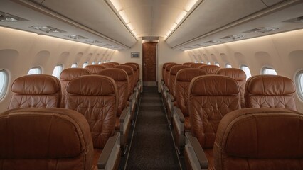 Modern airplane interior featuring brown seats