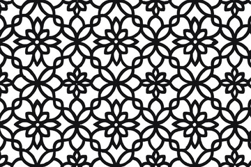 Islamic Seamless Flower Pattern, Arabian Geometric Arabesque Lattice, Floral Decorative Motif, Traditional Middle Eastern Tile Ornament, Black and White Symmetrical Vector Background Design