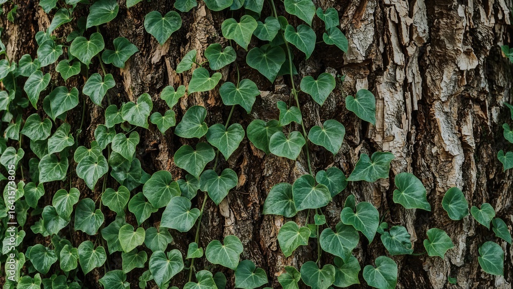 Poster close-up of vibrant green ivy climbing a tree bark in a natural setting with empty space