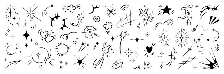 Set of anime comic twinkle effect. Hand drawn bling, magical sparkle, heart, butterflies and shine movement. Line vector element collection © gorozhinak