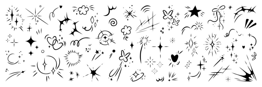 Set of anime comic twinkle effect. Hand drawn bling, magical sparkle, heart, butterflies and shine movement. Line vector element collection
