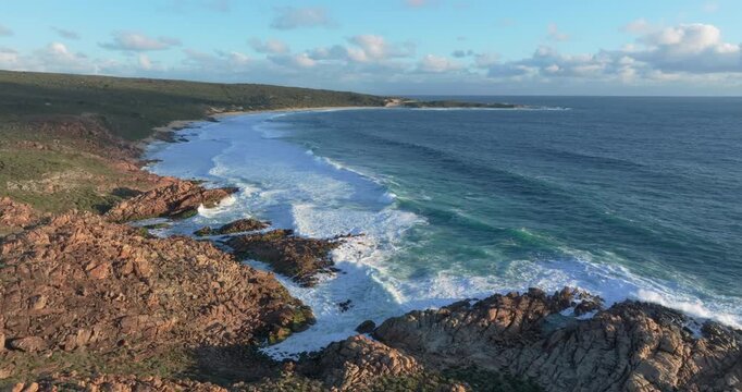 4k Aerial views of rugged rocky coastline in South West Australia at sunset