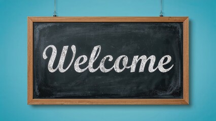 Obraz premium A chalkboard suspended on a blue surface showing the message 'Welcome' with space for writing