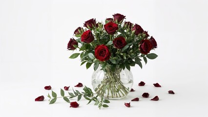 Arrangement of flourishing dark red roses in a vase on a plain white surface