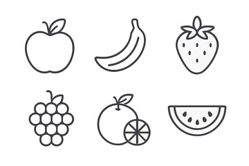 Linear Fruit Icons Set. Outline Vector Fruit Symbols. Apple, Banana, Strawberry, Grapes, Orange, Watermelon. Minimal Line Art Illustrations for Web, App, Healthy Food, Organic, Market, Vegan, Grocery.