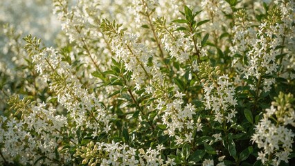 Fototapeta premium Clusters of White Flowers on Spiraea Cantoniensis and Bridalwreath Shrubs