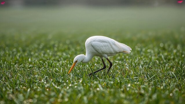 Winter plumaged cattle egret foraging for insects in the grass