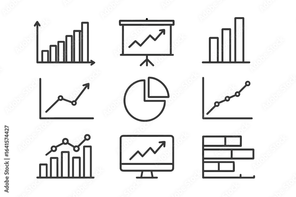 Poster data analysis graph icons set. linear style business infographics, analytics, bar chart, pie chart, 