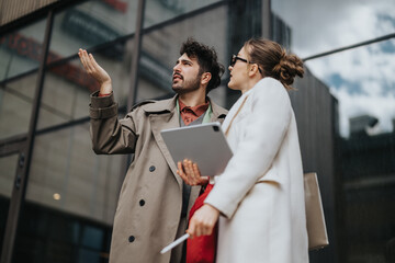 Business colleagues engaged in a teamwork discussion and collaboration outside of a contemporary...