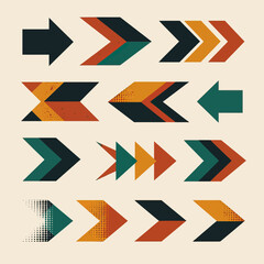 Set of modern geometric arrows with colorful tribal and chevron patterns, a collection of bold vector direction symbols for branding or decorative projects.
