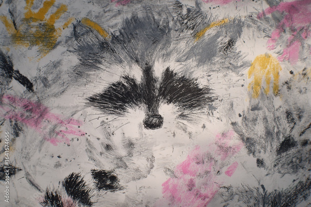 Poster artistic representation of a raccoon with colorful handprints in a creative display