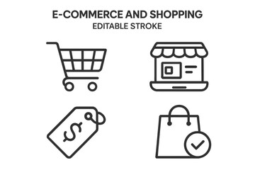E-commerce and shopping icons set. Online store, cart, price tag, shopping bag symbol. Linear stroke style for website, app, online business, retail, payment, digital marketplace, checkout, UX design
