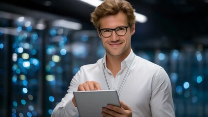 IT expert surrounded by servers and wires working on a tablet, symbolizing network management, cloud computing, cybersecurity, data infrastructure and modern technology - Powered by Adobe
