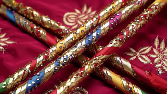 Vibrantly decorated Dandiya sticks with jewels and gold trim lie on a red embroidered cloth.