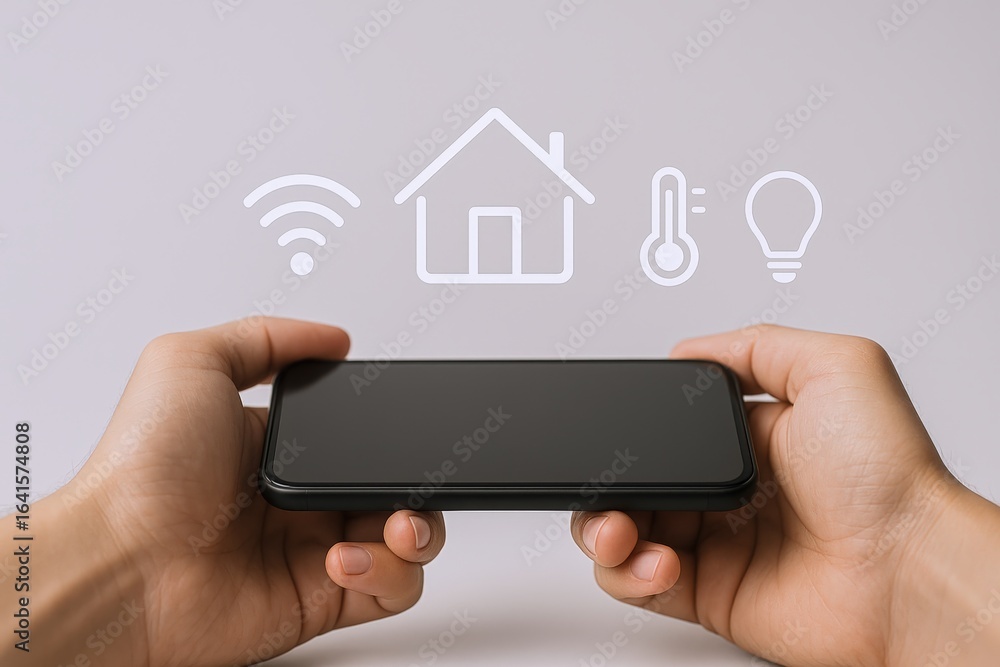 Poster smart home control concept: person using smartphone app to manage home automation system