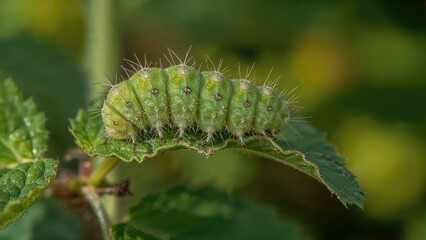 Fototapeta premium Leaf roller caterpillar munching on raspberry plant foliage.