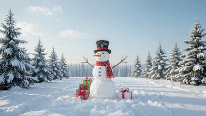 Fototapeta premium Festive gifts showcased on a snowman in a snowy landscape