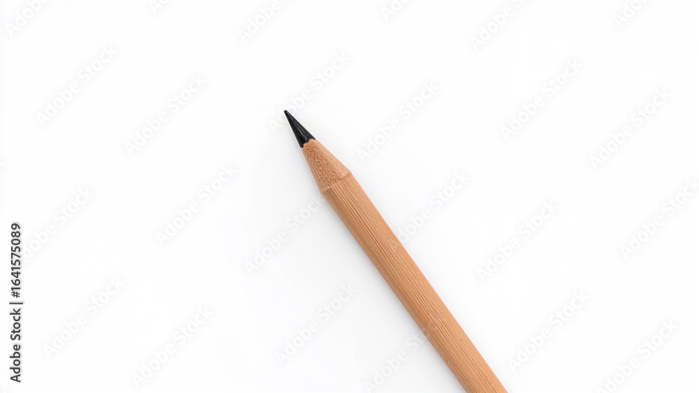 Poster close-up image of a pencil tip with a sharp point on a white background, viewed from above with spac