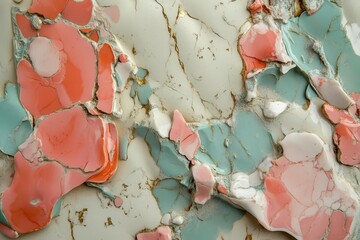Fototapeta premium Marbled resin art in terrazzo style pastel pink and mint fragments suspended in cream base
