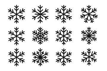 Winter snowflake symbols set on transparent background, detailed vector illustrations, crisp white snow crystals icons, festive winter design elements, PNG and AI formats