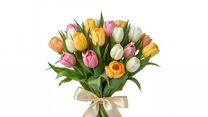 White background featuring a colorful spring tulip bouquet