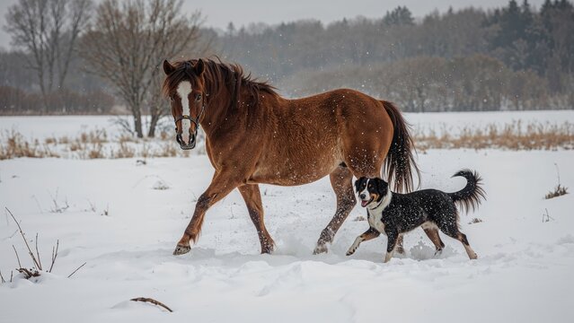 A black and white dog and a brown horse enjoying a snowy field in wintertime - Powered by Adobe