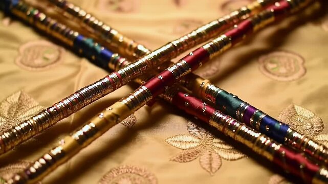 Ornate, colorful dandiya sticks crisscrossed on embroidered fabric.