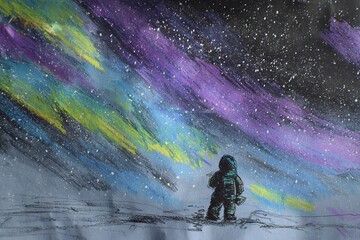 Obraz premium Astronaut gazes at colorful auroras in a starry sky during an extraterrestrial exploration
