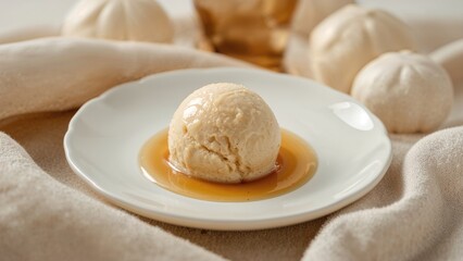 Fototapeta premium Selective focus on caramel cream served in a white dish