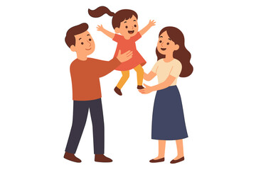Happy family parenting concept. Father and mother holding and lifting smiling daughter. Parent child relationship. Young parents with kid. Family togetherness joy. Flat cartoon vector illustration.