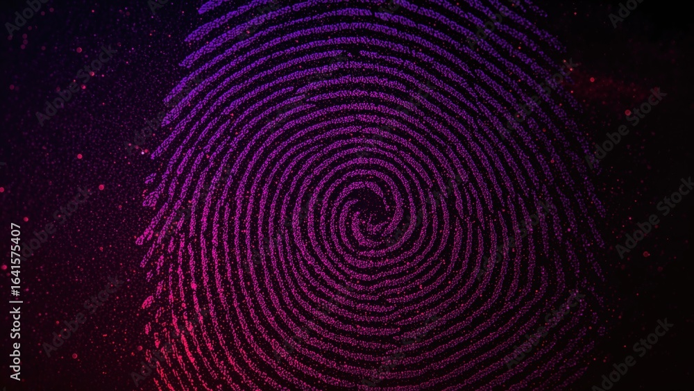 Poster close-up of a vibrant purple and red fingerprint on a textured surface for design purposes. macro sh