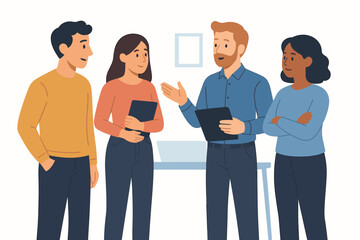 Four diverse professionals having a standing business meeting and discussion in modern office, casual team collaboration, workplace teamwork concept, flat vector illustration