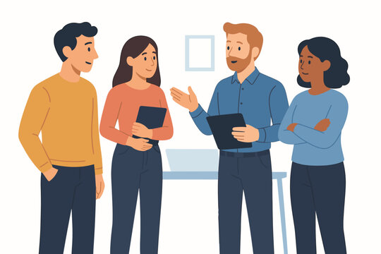 Four diverse professionals having a standing business meeting and discussion in modern office, casual team collaboration, workplace teamwork concept, flat vector illustration