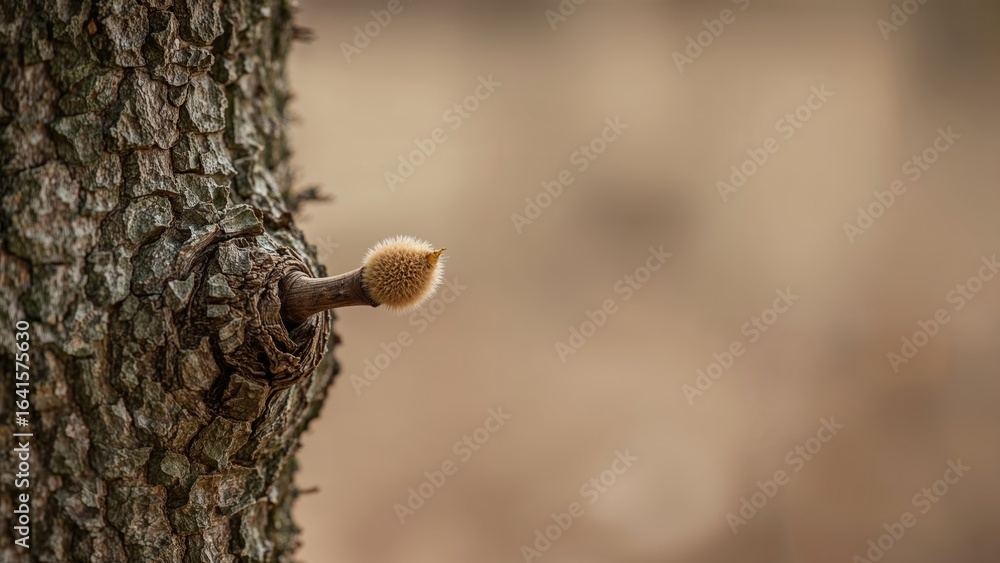 Poster macro shot of a textured tree stem with emerging buds set in a dreamy natural environment