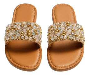 Jeweled flat sandals with intricate beading on the strap
