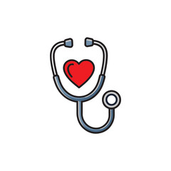 A stylized illustration of a stethoscope with a red heart symbol inside.