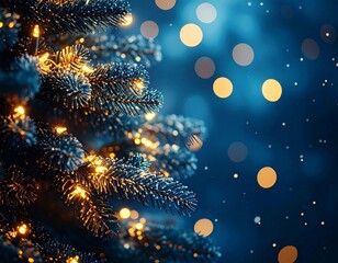 Fototapeta premium Dark Blue Christmas Fir Tree with Golden Lights