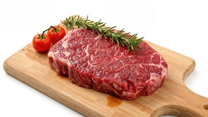Fototapeta premium Fresh beef cut steak presented with cherry tomatoes and rosemary on a wooden board with a plain white background
